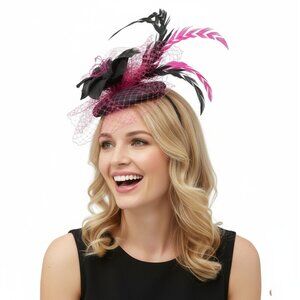 Sinamay Handmade Pink & Black Feather Fascinator | Derby Wedding Hat Headband